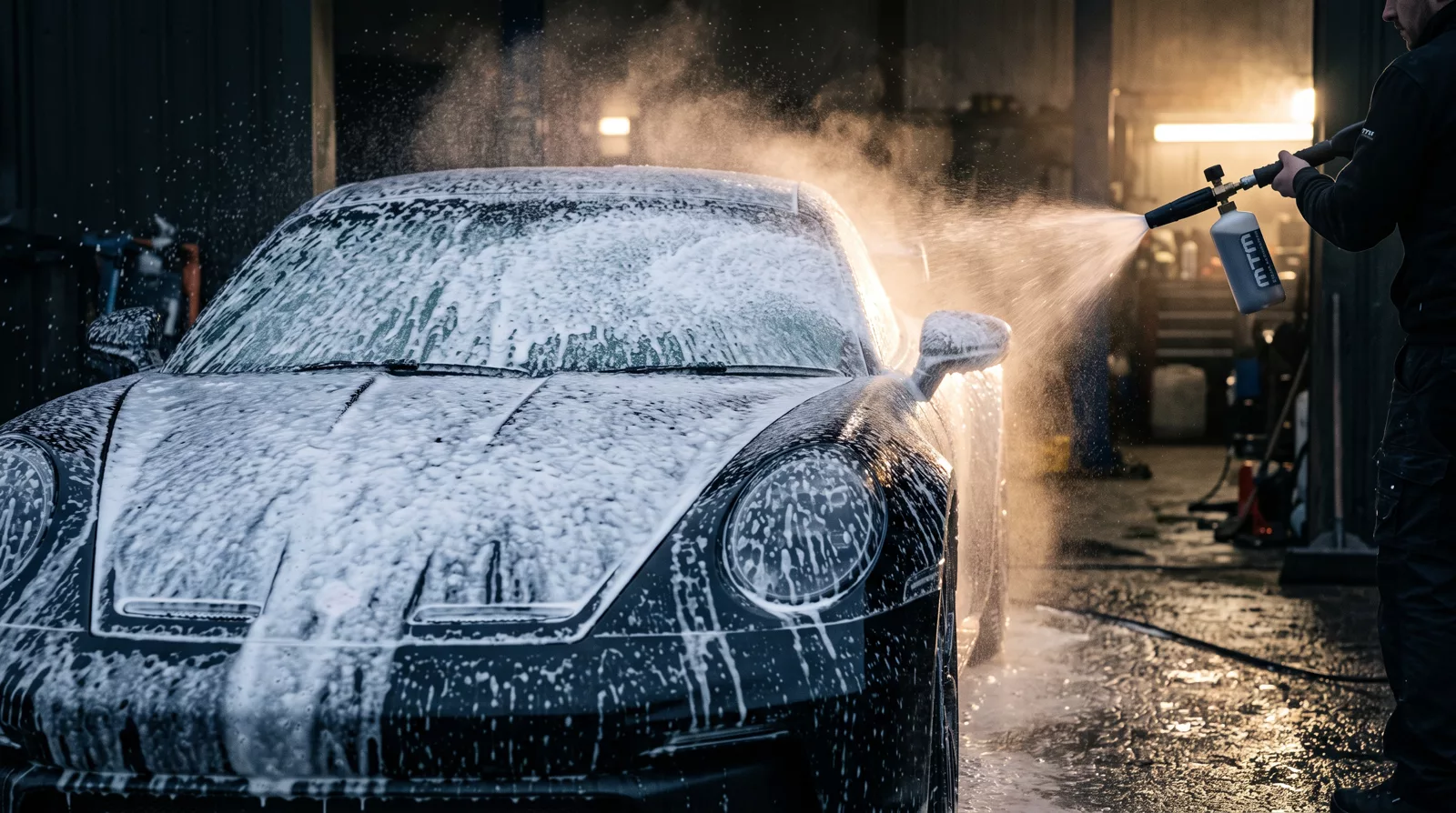 Thick snow foam covering a car bonnet