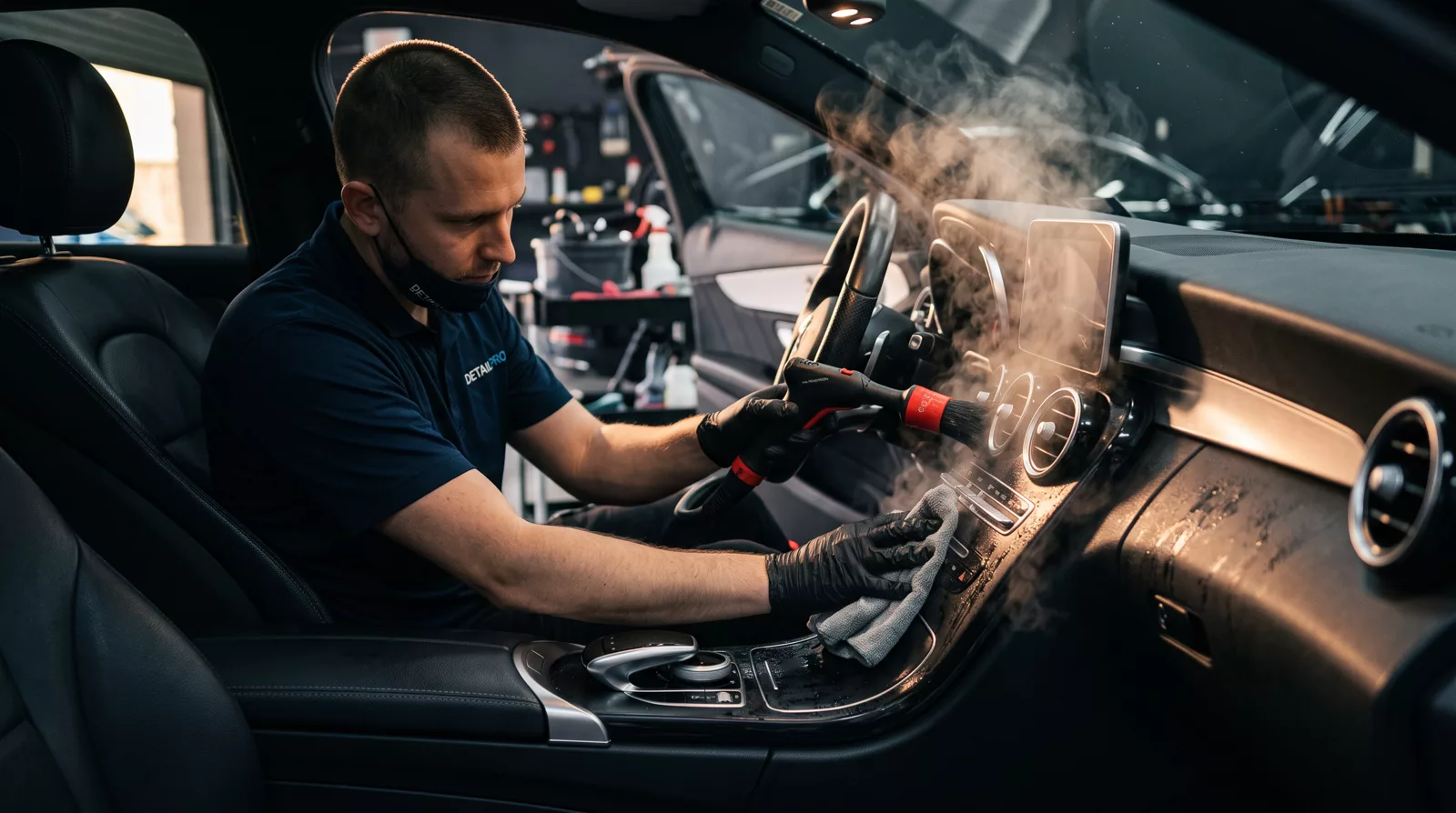 Steam cleaning a car dashboard with a detailing brush
