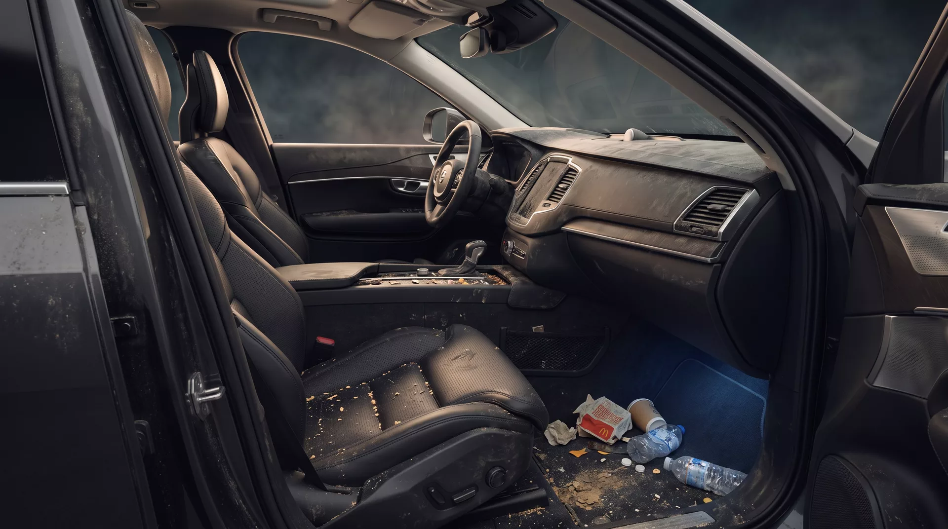 Car interior before cleaning with crumbs, dust and muddy mats