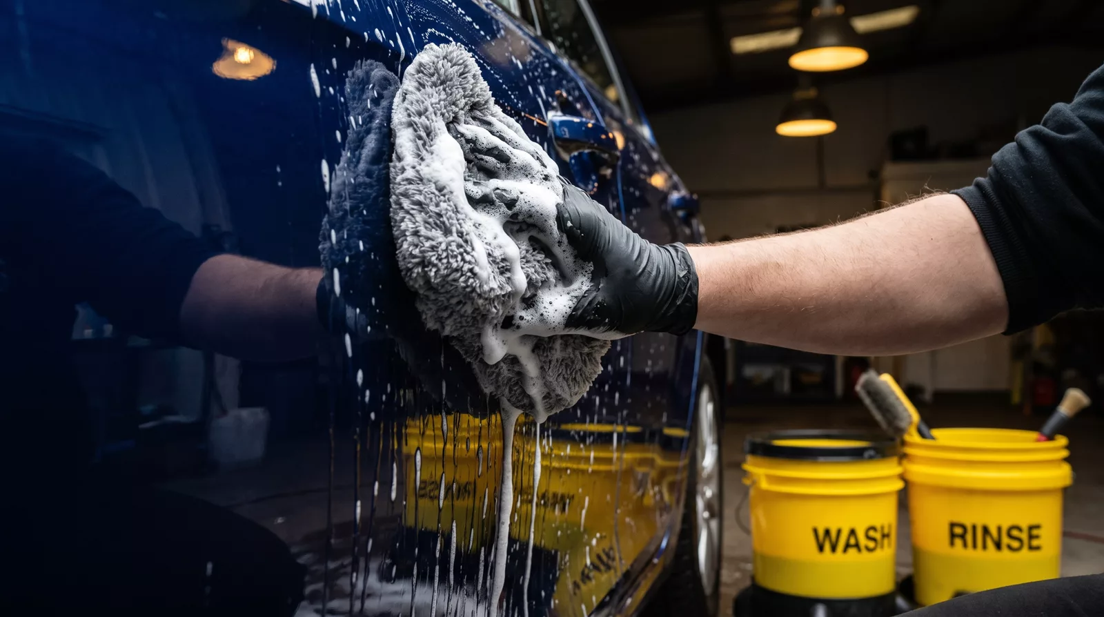 Washing a car panel with a microfibre mitt and thick suds